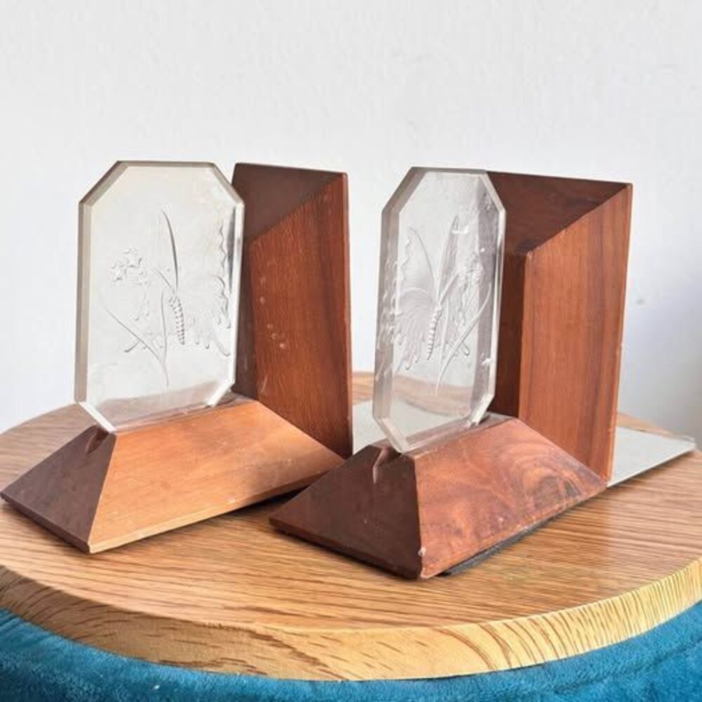 Butterfly Bookends Pair – Teak Wood & Etched Frosted Glass / Lucite